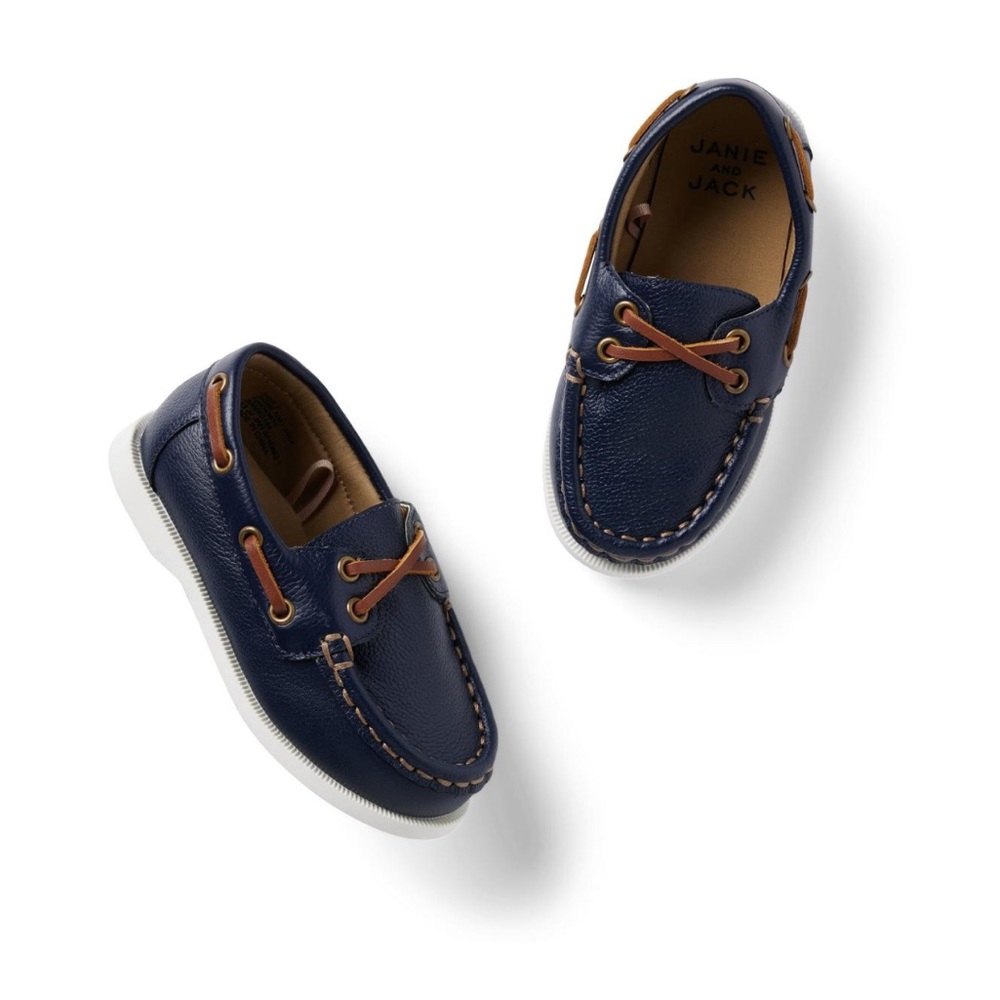 Janie and Jack LEATHER BOAT SHOE for boys in Navy